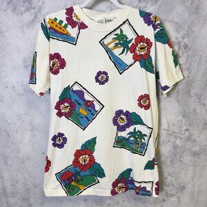 Vintage 90s Jason Maxwell T Shirt Adult Small White AOP Travel Flowers